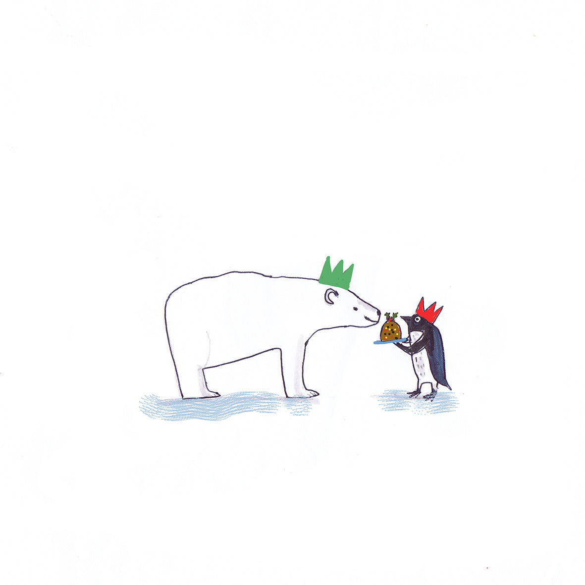 Minimalist illustration of a penguin and a polar bear standing on ice. The penguin, wearing a red paper crown, offers a small Christmas pudding on a plate to the polar bear, who wears a green crown.
