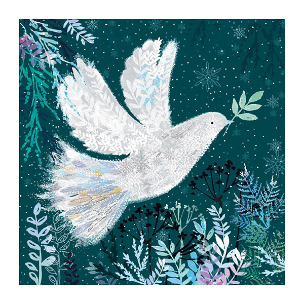 Stylised illustration of a white dove flying gracefully against a dark green background, holding an olive branch in its beak. The dove’s feathers are patterned with delicate snowflake-like designs, surrounded by frosted leaves and plants.