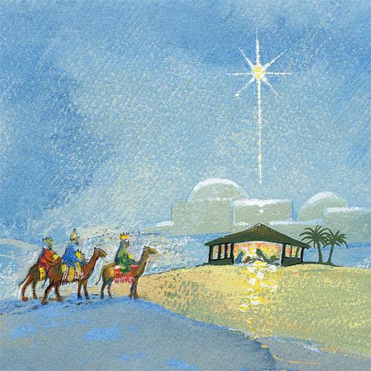 Illustration of the nativity story showing the three wise men riding camels under a bright star in the sky. They approach a simple stable lit warmly, with palm trees nearby and soft pastel colours giving the scene a serene atmosphere.