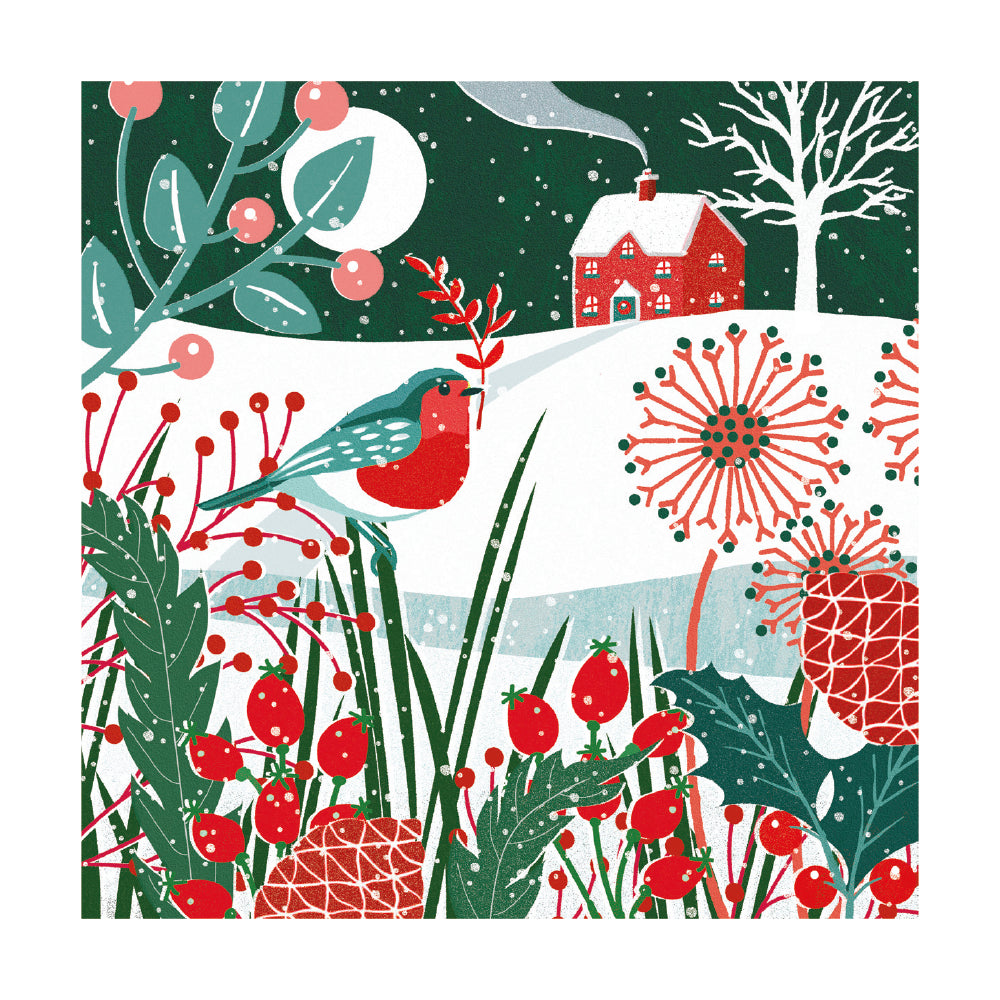 Illustration of a red-breasted robin perched among holly, berries, and winter plants in the snow. In the background, a red cottage with smoke rising from the chimney sits on a snowy hillside under a moonlit sky.