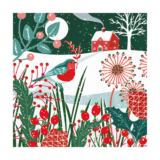 Illustration of a red-breasted robin perched among holly, berries, and winter plants in the snow. In the background, a red cottage with smoke rising from the chimney sits on a snowy hillside under a moonlit sky.