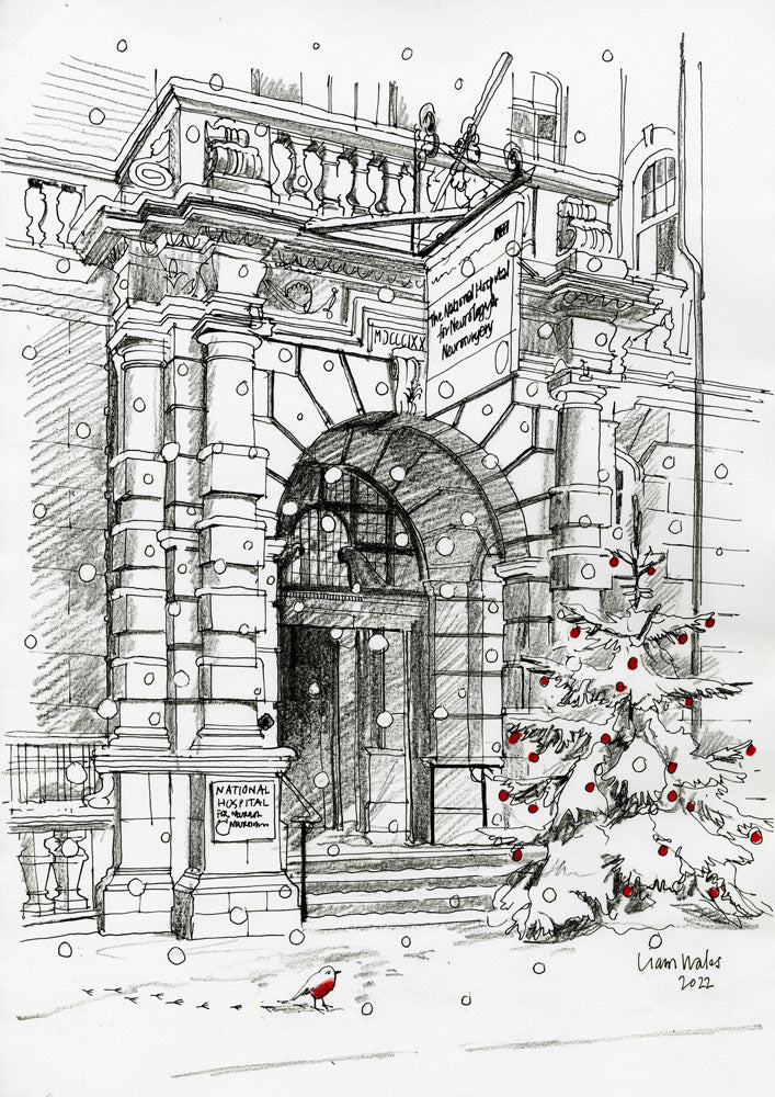 Black and white sketch of the grand arched entrance to The National Hospital for Neurology and Neurosurgery, with snow falling. A Christmas tree decorated with red baubles stands to the side, and a robin is visible on the ground. Designed by Liam Wales.