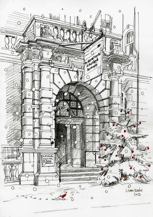 Black and white sketch of the grand arched entrance to The National Hospital for Neurology and Neurosurgery, with snow falling. A Christmas tree decorated with red baubles stands to the side, and a robin is visible on the ground. Designed by Liam Wales.