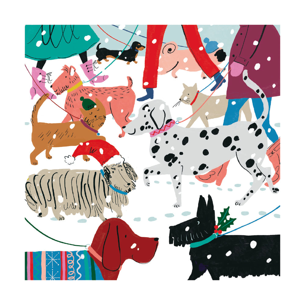 Playful illustration of a snowy street scene filled with dogs of different breeds, sizes, and colours on leads, wearing festive accessories like hats and scarves. People’s legs are visible as they walk their pets in the snow.