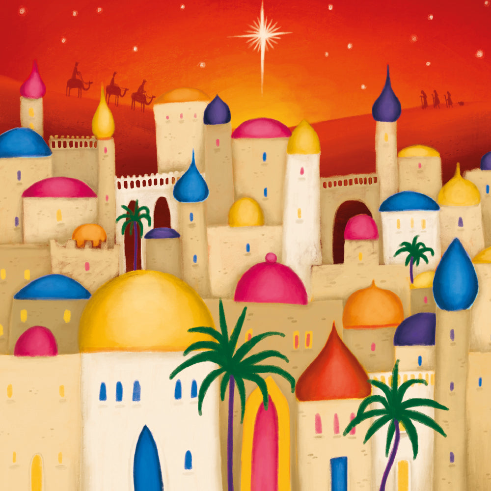 Vibrant illustration of Bethlehem with domed buildings painted in bright pink, blue, gold, and orange. A large shining star appears in the red sky, with the three wise men riding camels in the distance.