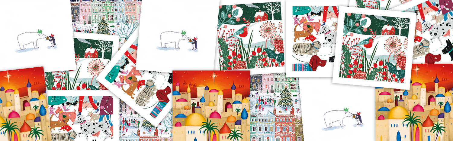 Collage of illustrated Christmas cards, including designs of a polar bear and penguin wearing party hats, a robin in winter foliage, a colourful cityscape of Bethlehem, a snowy street with carol singers and a Christmas tree, and dogs walking in the snow.
