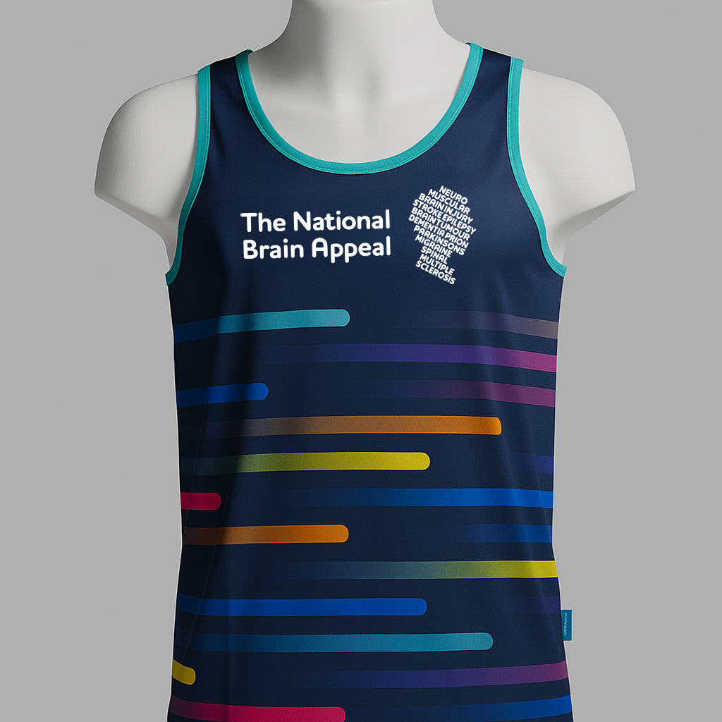 The National Brain Appeal running vest in navy with teal trim. The front features the charity’s logo in white on the left chest, along with colourful horizontal stripes in blue, green, yellow, orange, pink, and purple across the body.