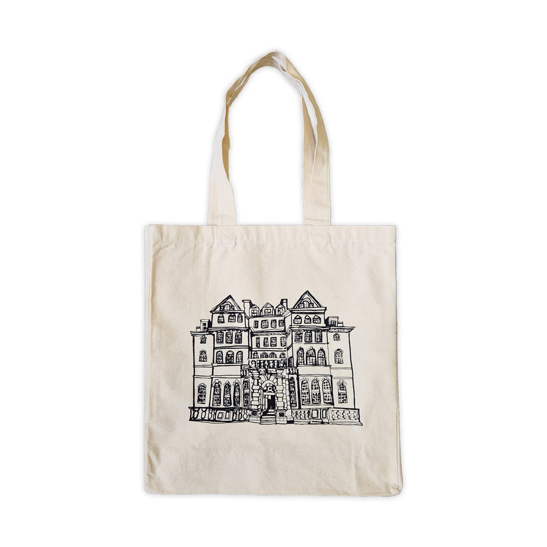 Beige tote bag with a black architectural illustration of the front of The National Hospital for Neurology and Neurosurgery on a white background