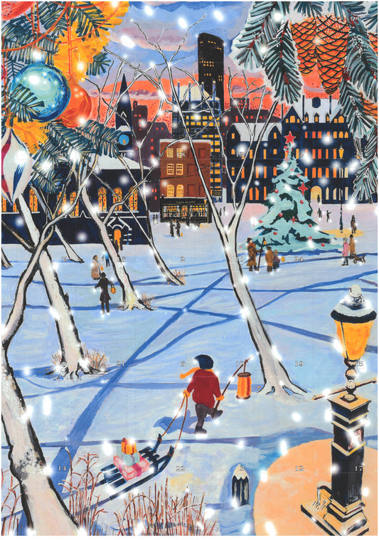 Colourful festive city scene showing people enjoying a snowy evening. A child pulls a sled with presents across the snow, while others gather near a large Christmas tree in the square. The scene is framed by decorated branches and glowing lights, designed as an advent calendar. Designed by the late Oliver Roberts.