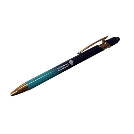 A two-tone pen in teal and navy with rose gold accents, featuring The National Brain Appeal logo printed in white along the side.