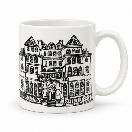 White ceramic mug featuring a black line illustration of The National Hospital for Neurology and Neurosurgery, with the handle on the right.
