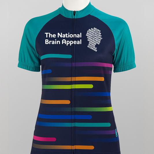 A navy, teal, and multicoloured cycling jersey featuring The National Brain Appeal logo on the chest. The jersey has teal sleeves and a zip-up front, with a pattern of horizontal stripes in bright colours across the body.