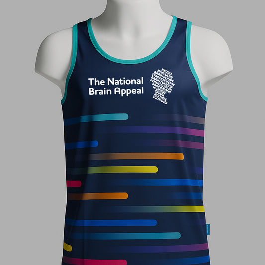 The National Brain Appeal running vest in navy with teal trim. The front features the charity’s logo in white on the left chest, along with colourful horizontal stripes in blue, green, yellow, orange, pink, and purple across the body.